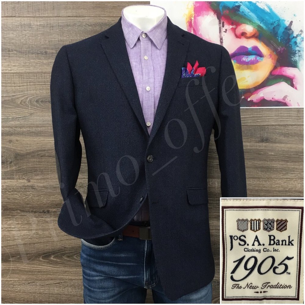 Jos A Bank Mens Blazer Sport Coat Two Button Jacket Wool 42L Casual Suits Blue
